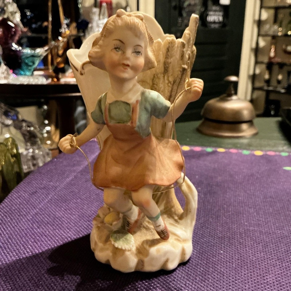 Vintage Napco 6"‎ Porcelain Vase Figurine Girl Jumping Rope
